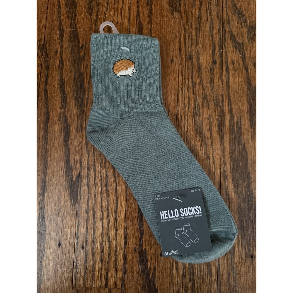 Women's Hello Socks! Green Embroidered Hedgehog Ankle Socks Size 4-10 NWT